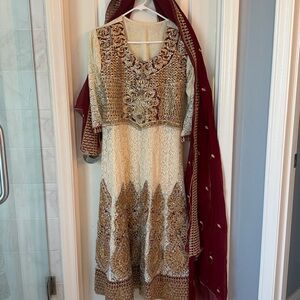 Chiffon Pakistani Formal Party Wear Dress, white, Red and gold